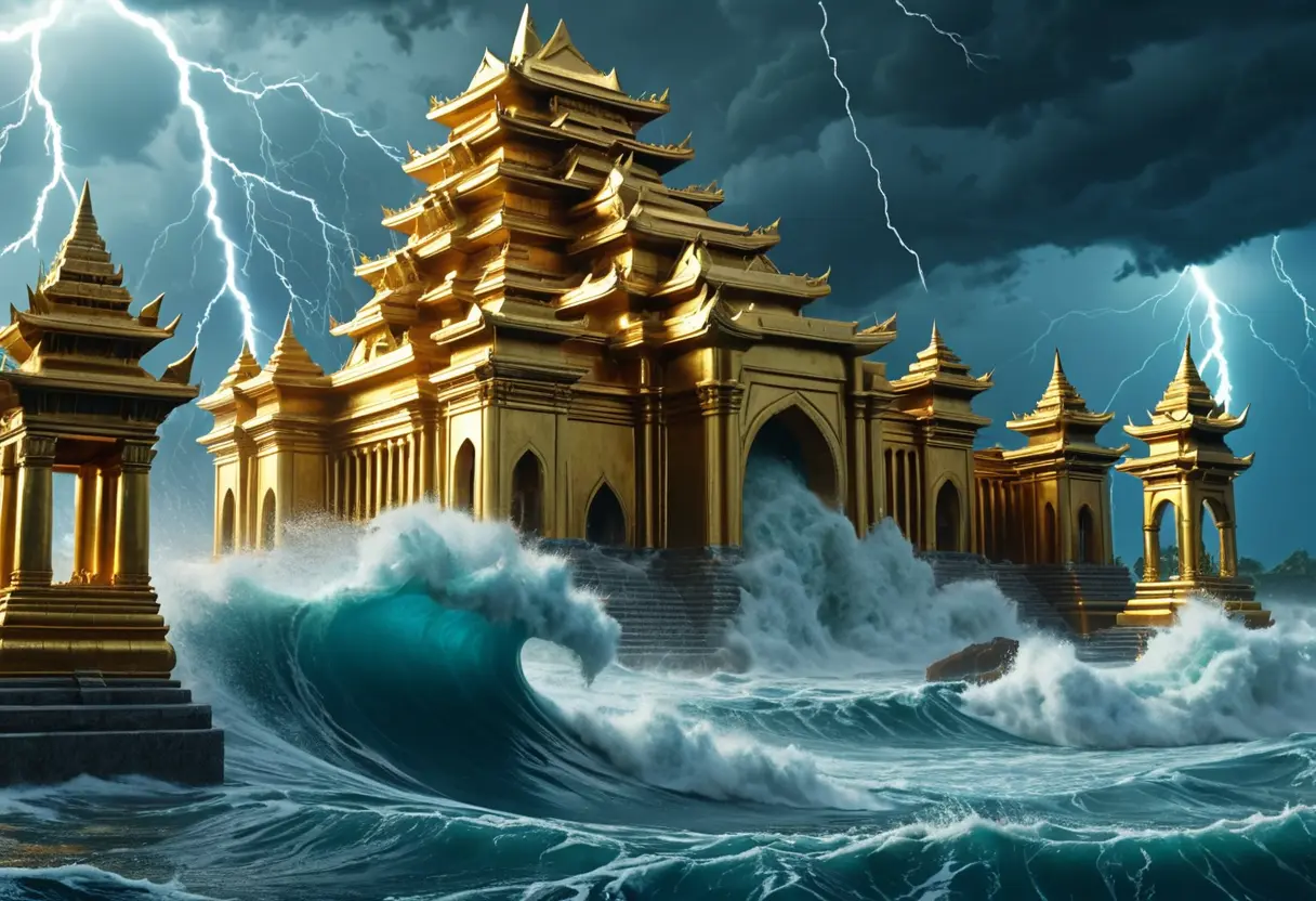 A massive tsunami engulfing the temples of Atlantis.
