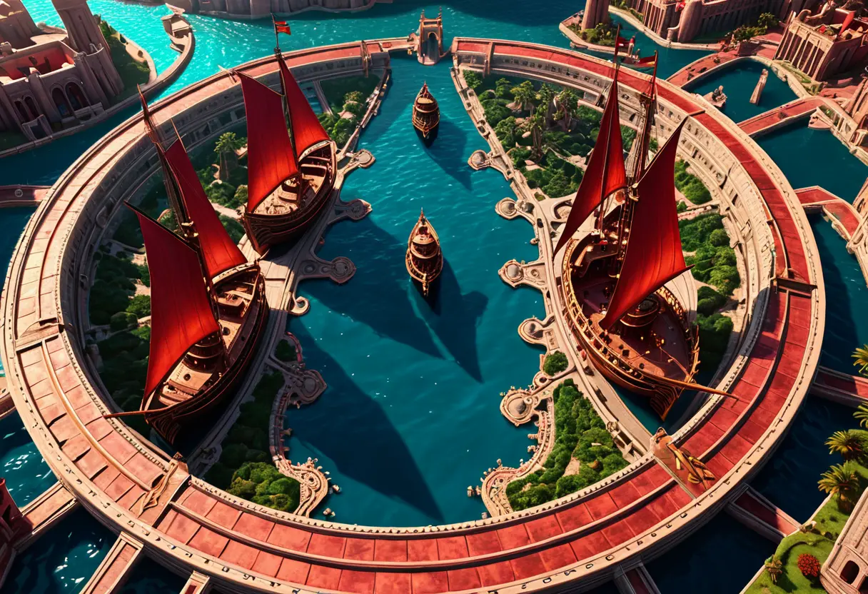 The busy harbor of the circular city of Atlantis.