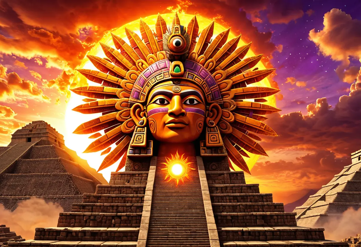巨大な石造りのテノチティトランのピラミッドの上空に燃え盛る、顔を持つオレンジ色の太陽神。空には紫と金の雲が渦巻いている