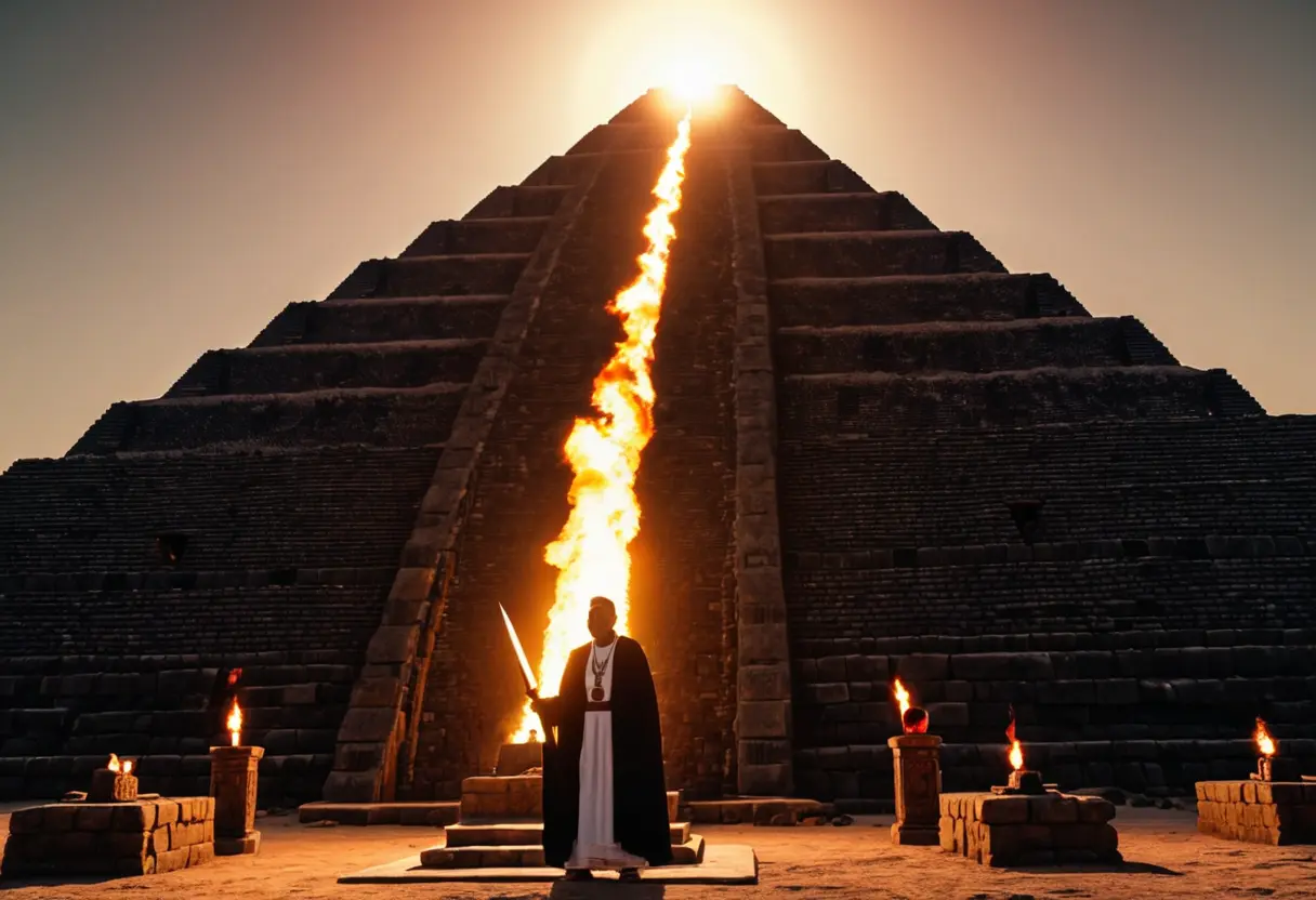 A priest at the top of a pyramid during an eclipse.