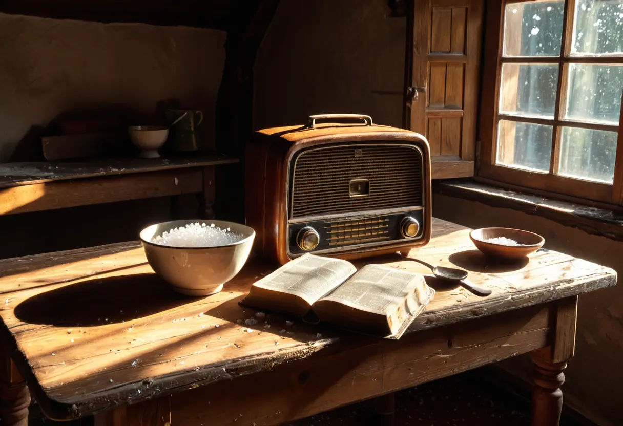 A dusty wooden desk with an old radio and a bowl of sugar (one of Vanga&rsquo;s tools).
