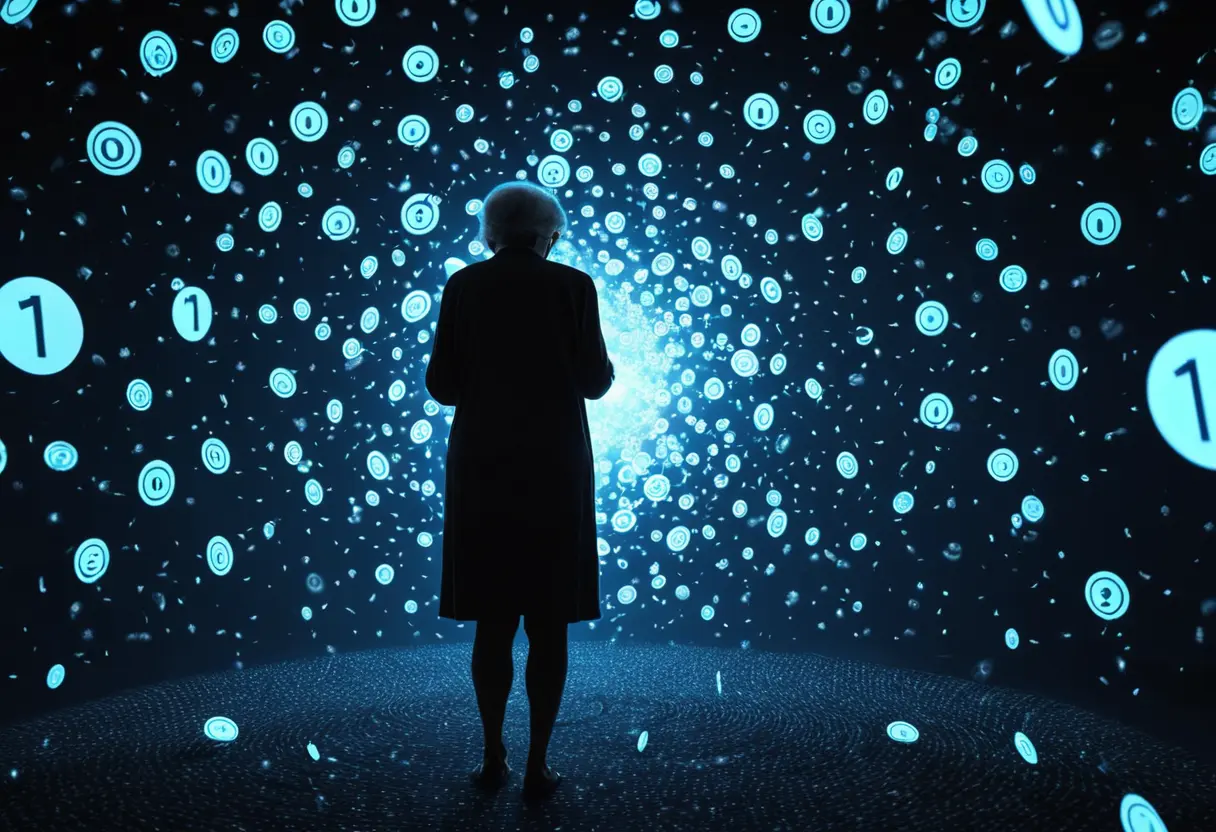 A swarm of digital notifications surrounding a shadowy silhouette of a grandmother.