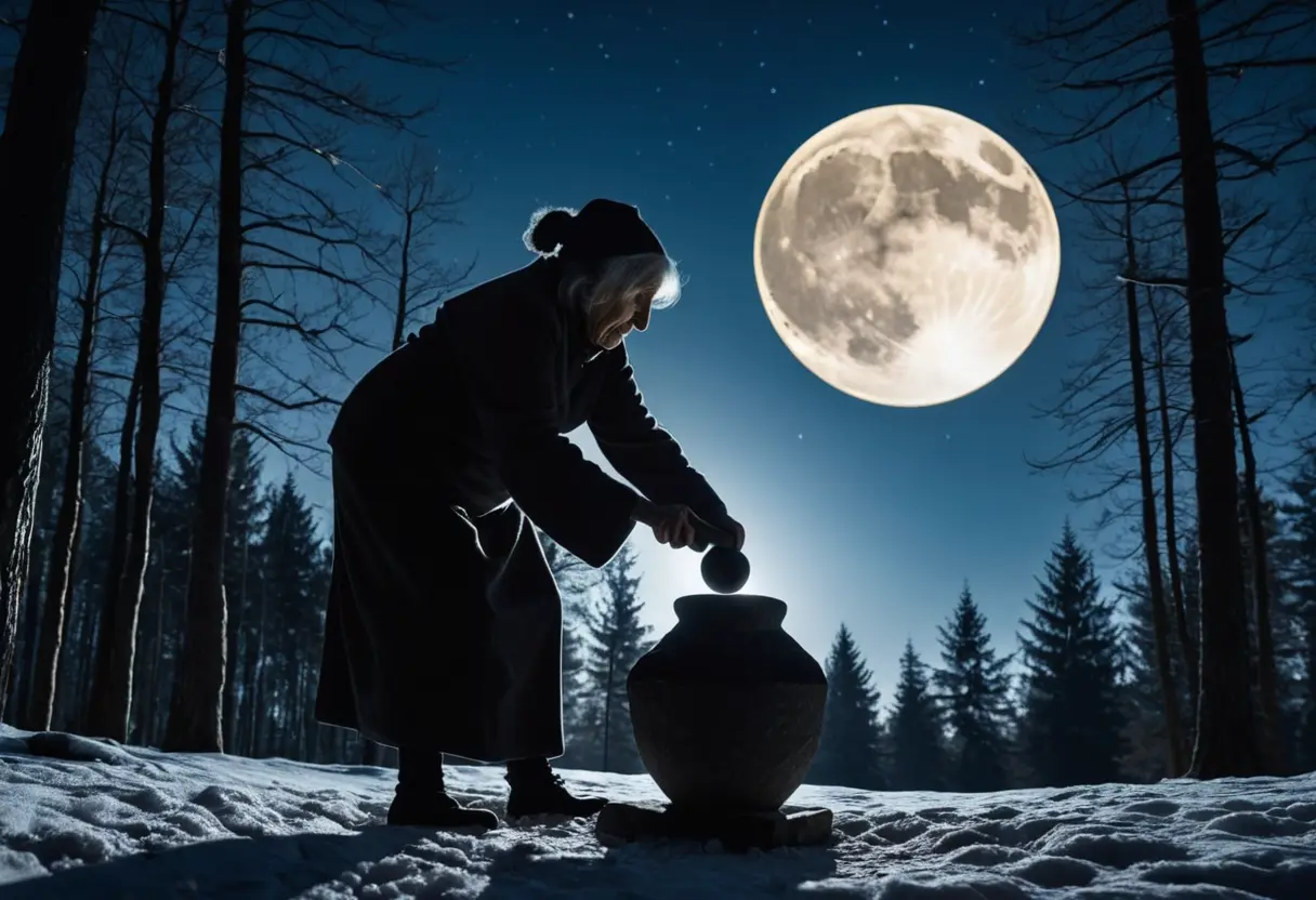 臼に乗り、夜空を飛ぶバーバ・ヤーガ。