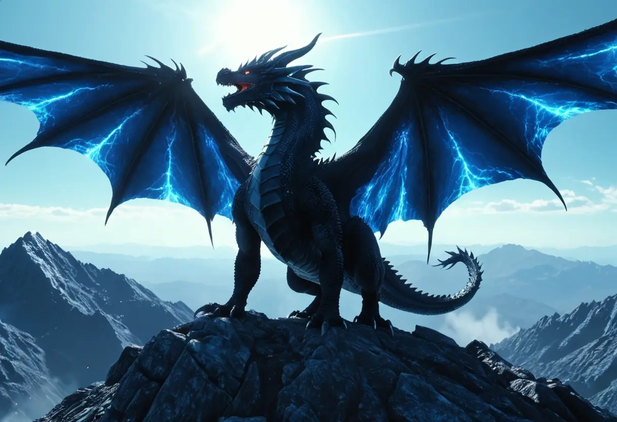 A black dragon breathing blue energy.