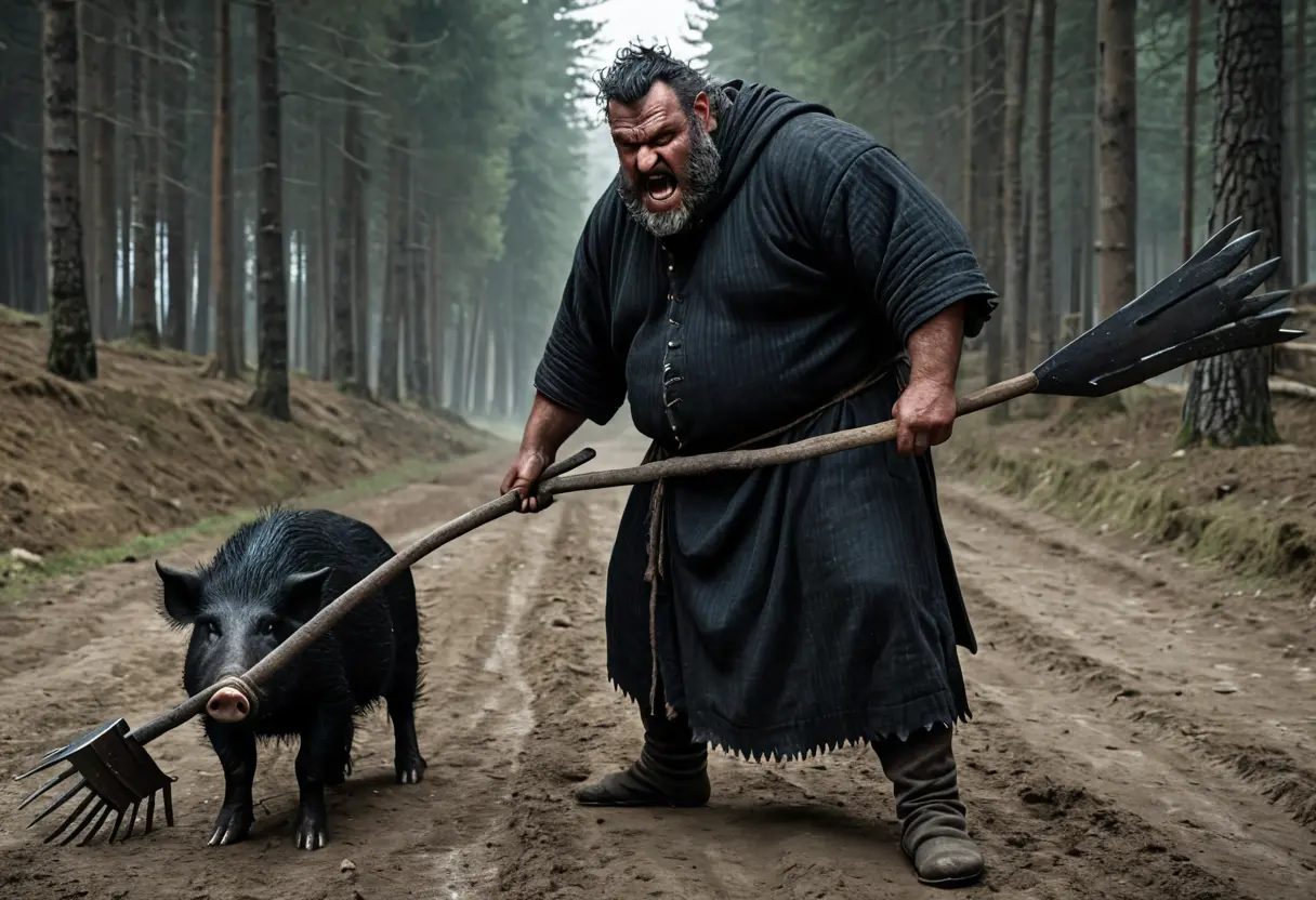 A burly man with a boar&rsquo;s head and a rake.