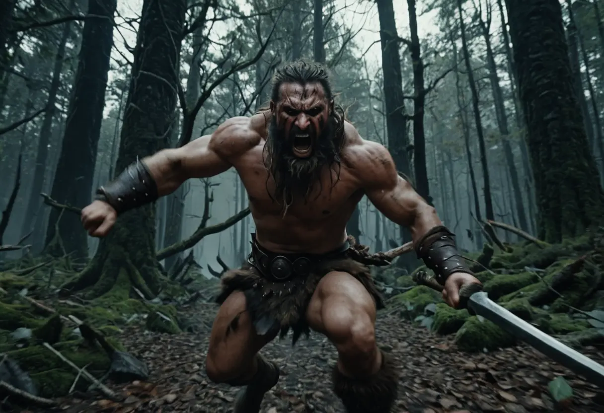 A barbarian warrior charging through a forest, breaking through branches.