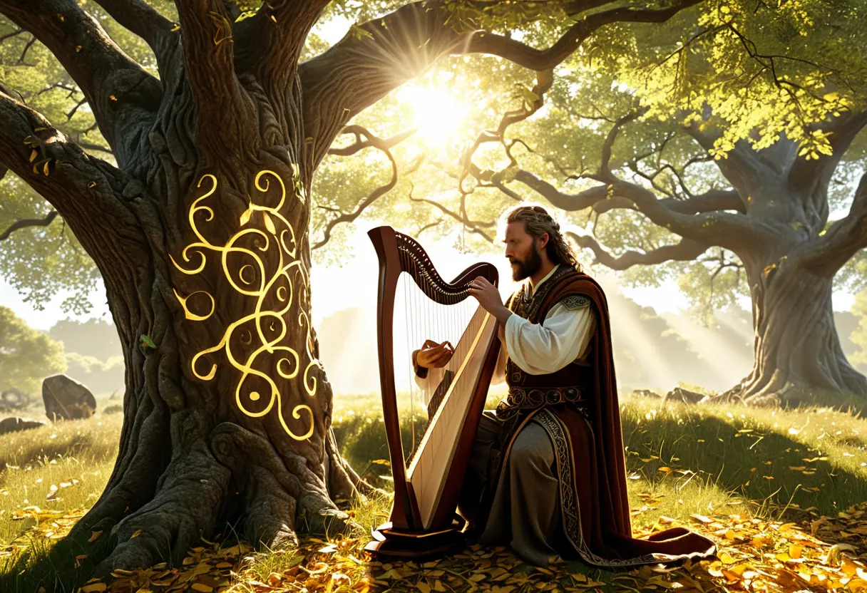 A master bard playing a harp under a sacred oak tree with glowing runes.