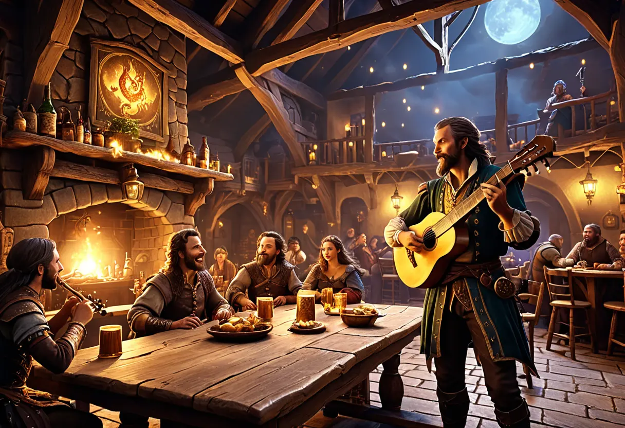 A bard telling a story in a bustling tavern with glowing effects.