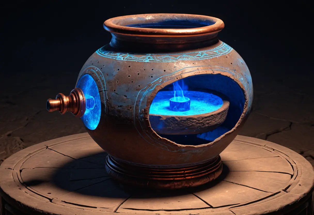 2000年前の土器を透視したような図。中には銅の筒と鉄の棒があり、二つの金属の間に電気が流れている様子が青い光で描かれている。