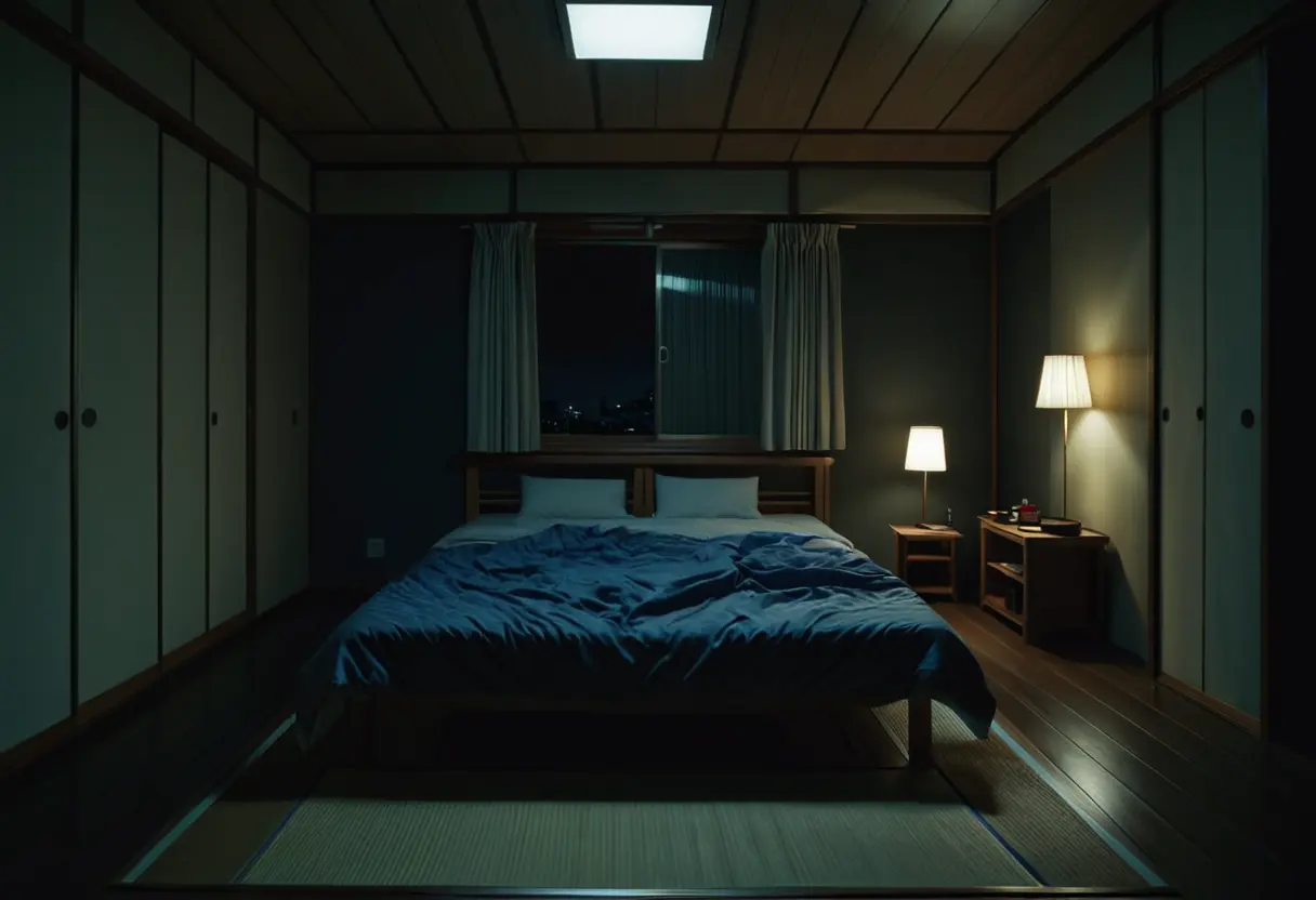 A dark bedroom with a faint shadow under the bed.
