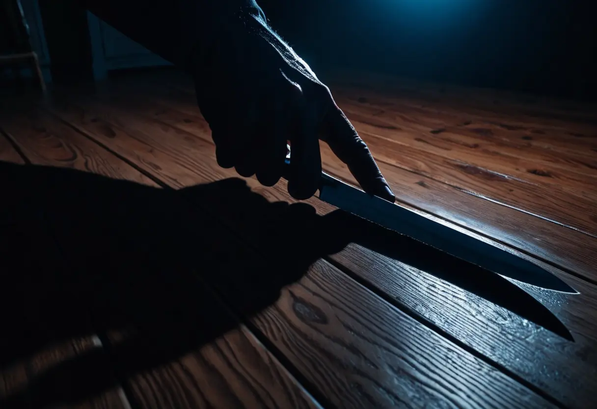 A glint of a knife in the dark under a bed.