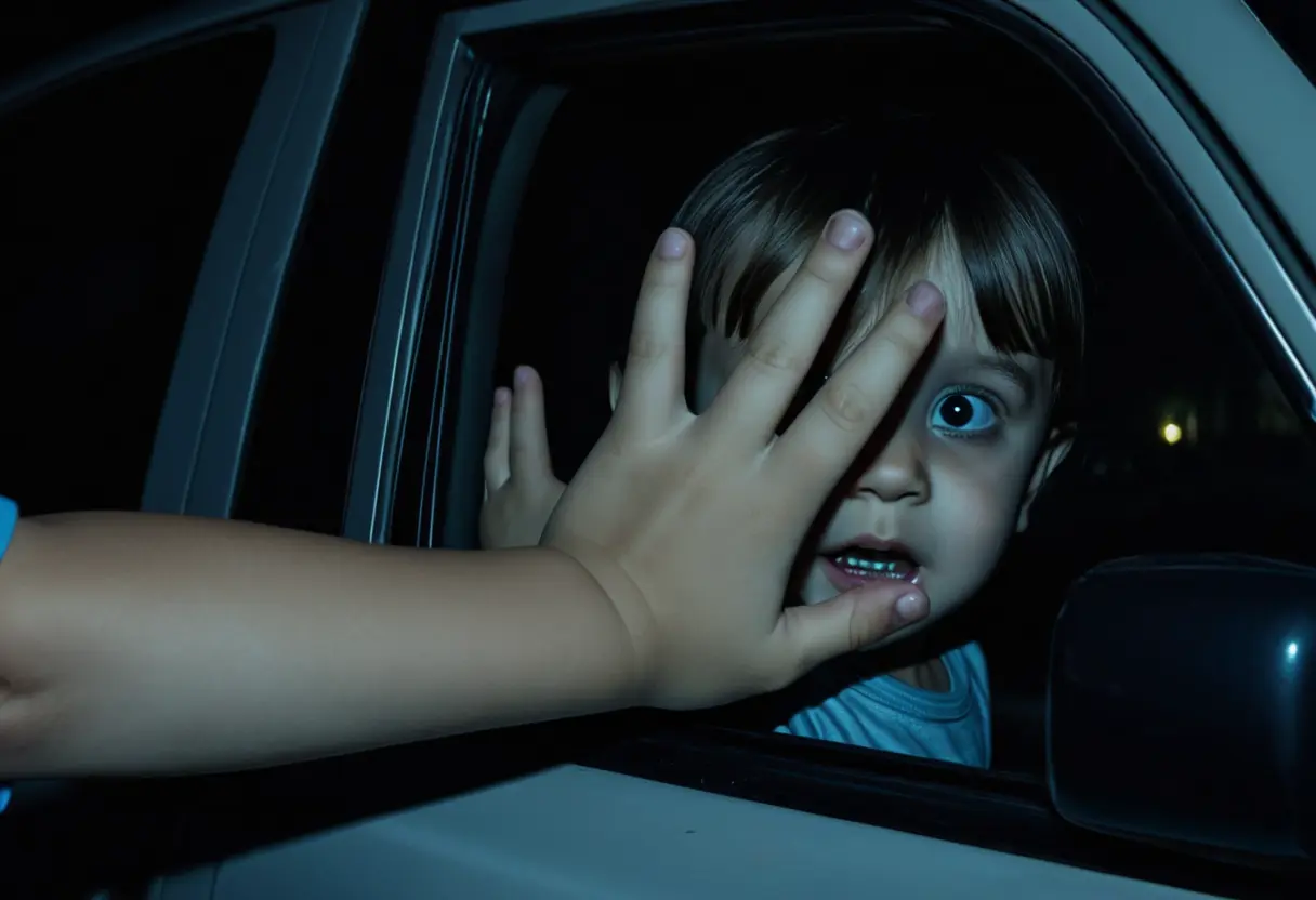 嵐の夜、車の窓を外から覗き込む黒い目の子供。