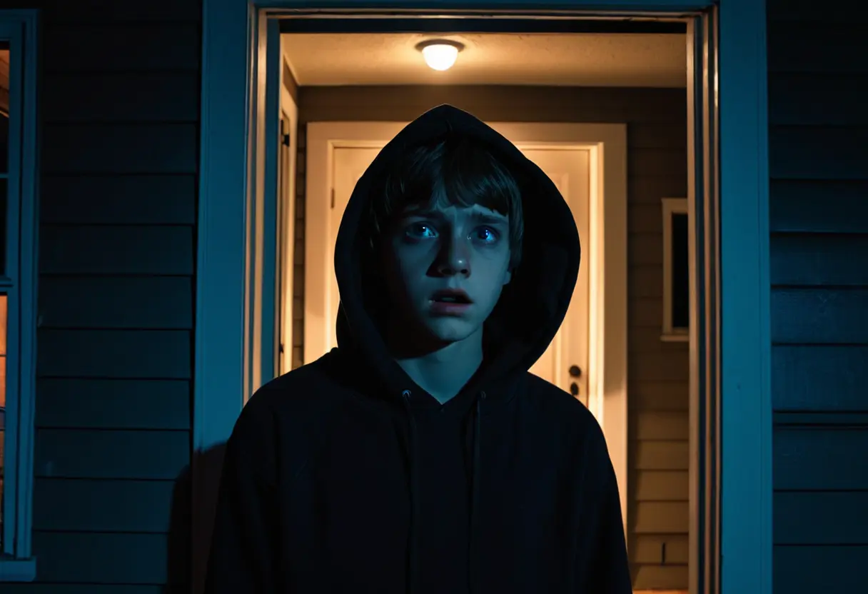 夜の玄関のドアの隙間に立つ、黒い目の子供。