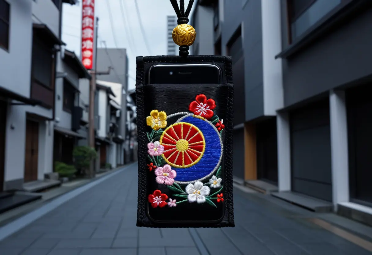 A traditional Japanese charm (Omamori) hanging on a modern smartphone.