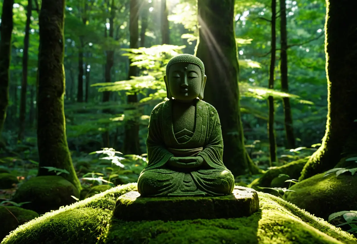A sunbeam through a forest onto a small stone statue.