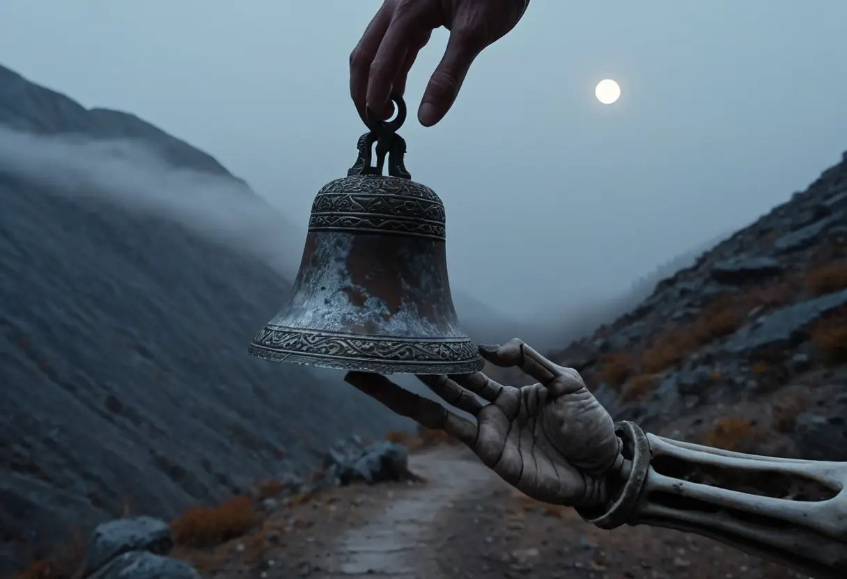 A rusted silver bell held by a skeletal hand in thick fog.