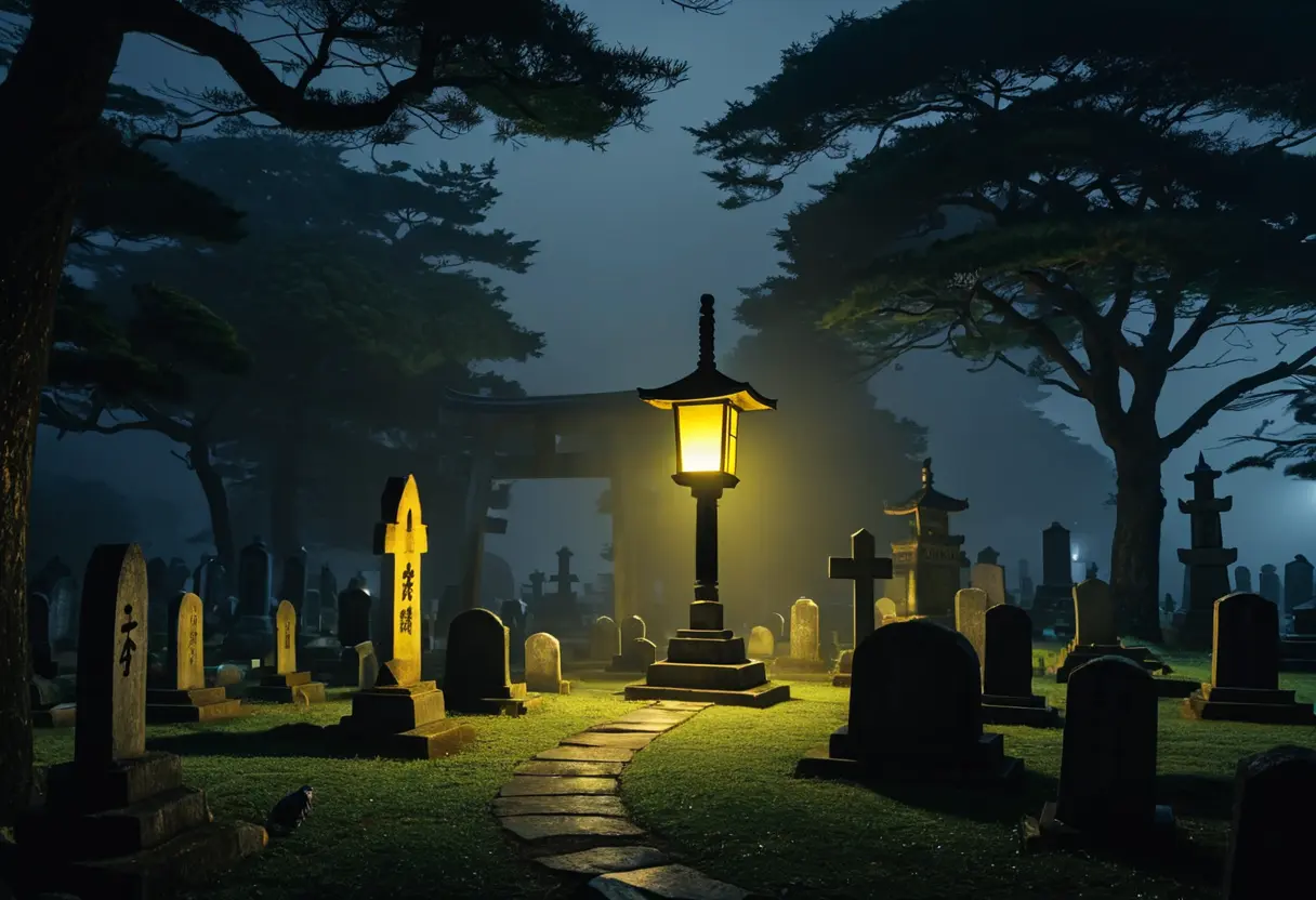 A dark, misty graveyard with a single lamp glowing.