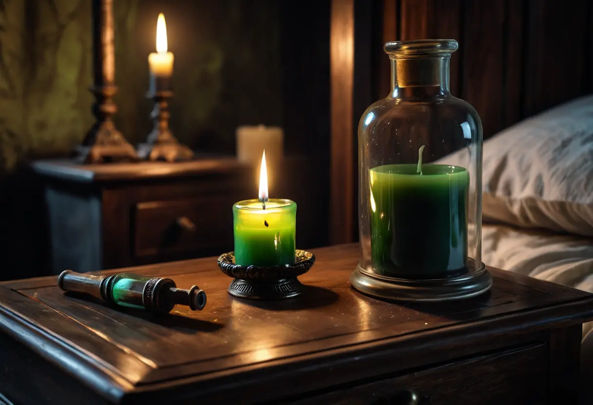 A mysterious green vial on a bedside table.