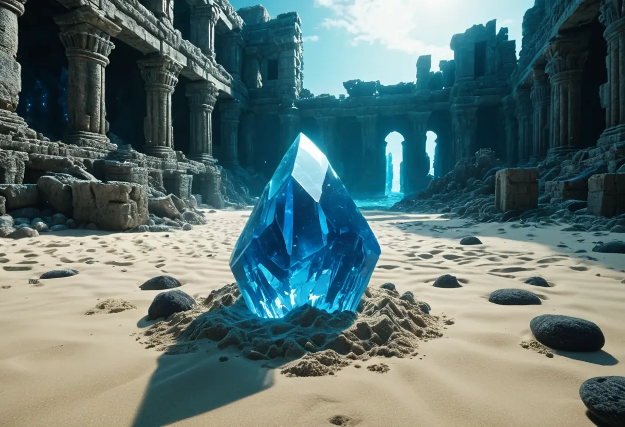 A glowing crystal at the bottom of the sea.