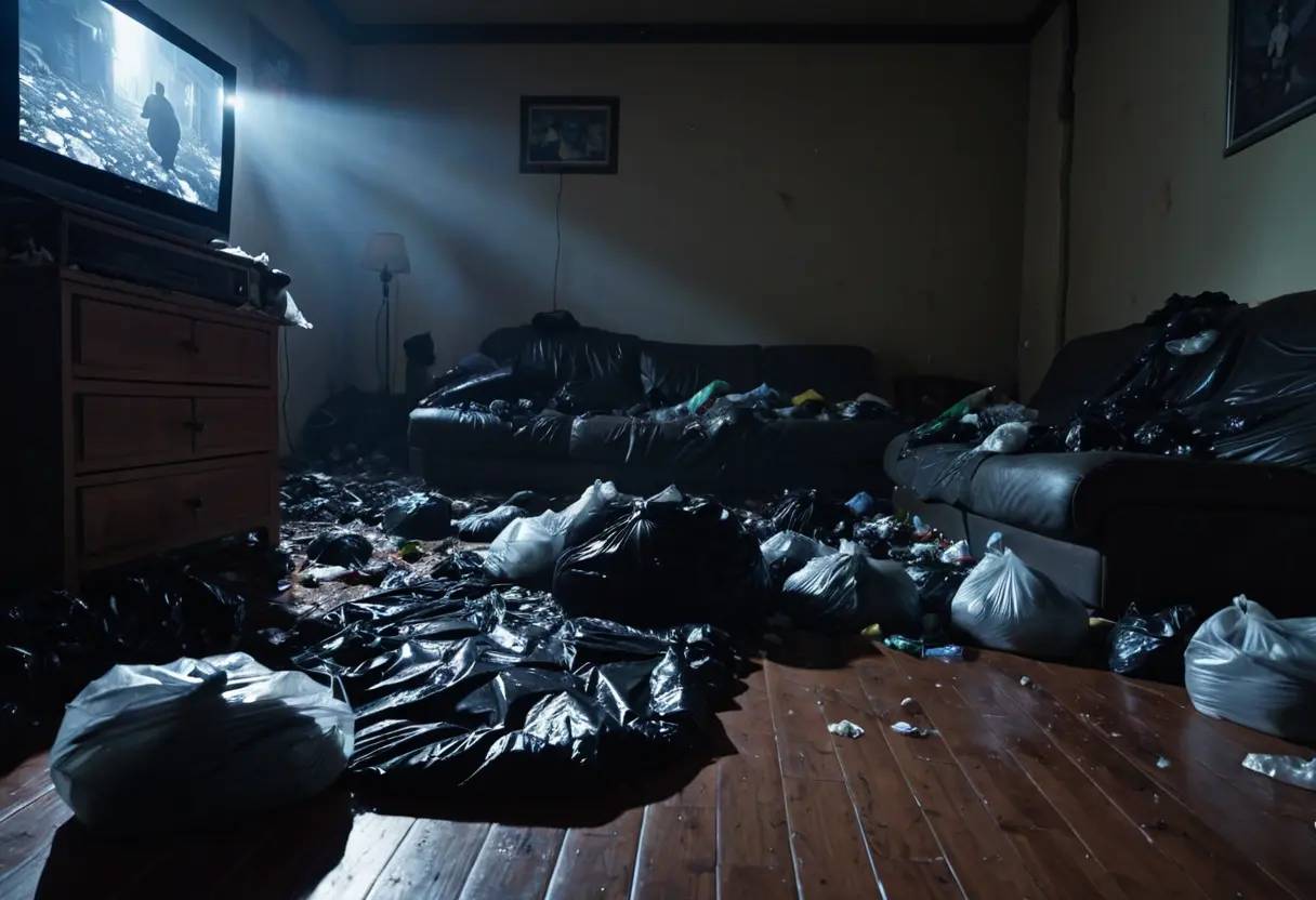 A dark, infant-sized shape on a mattress surrounded by trash.