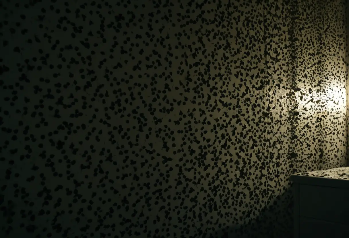 A close-up of a dirty wall with shadows of chattering insects.