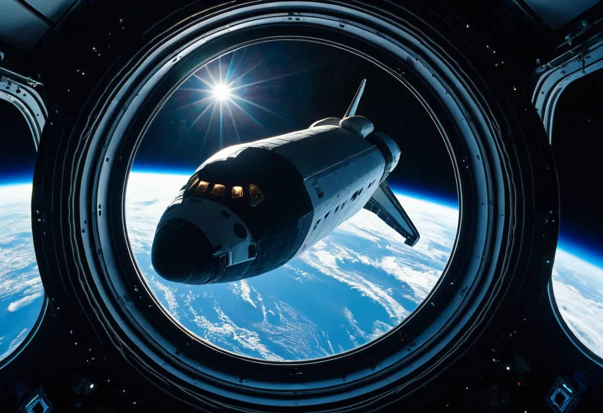 スペースシャトルの窓越しに見える、地球の水平線と、その近くに浮かぶ不気味な形をした漆黒の物体。