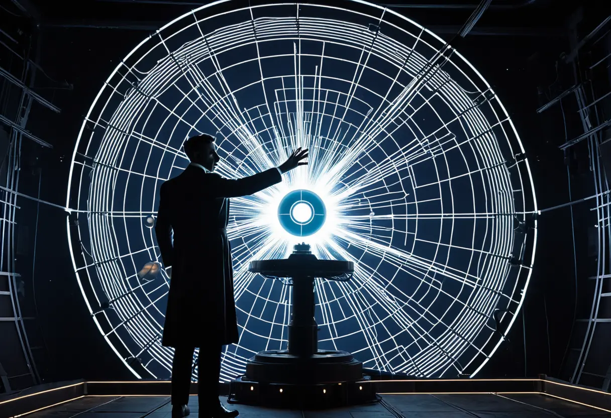 暗い部屋で古い受信機を操作するテスラの影。背後の壁には、宇宙からの規則的な波形が投影されている。