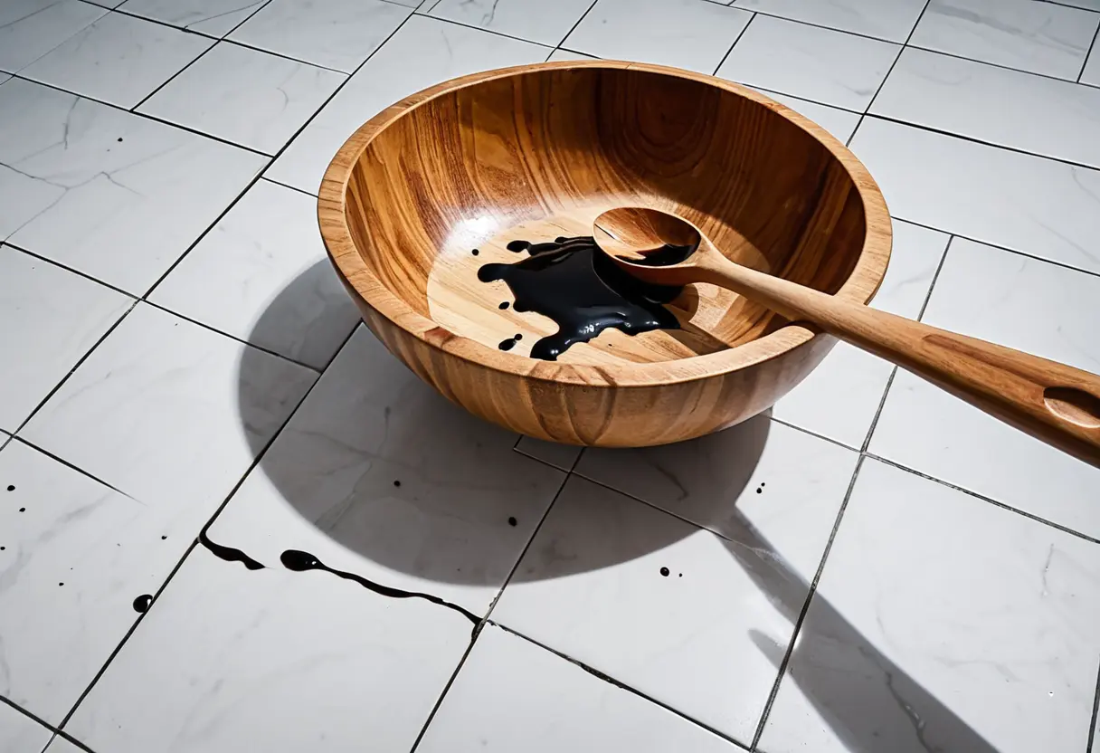 A wooden bowl on a white floor.