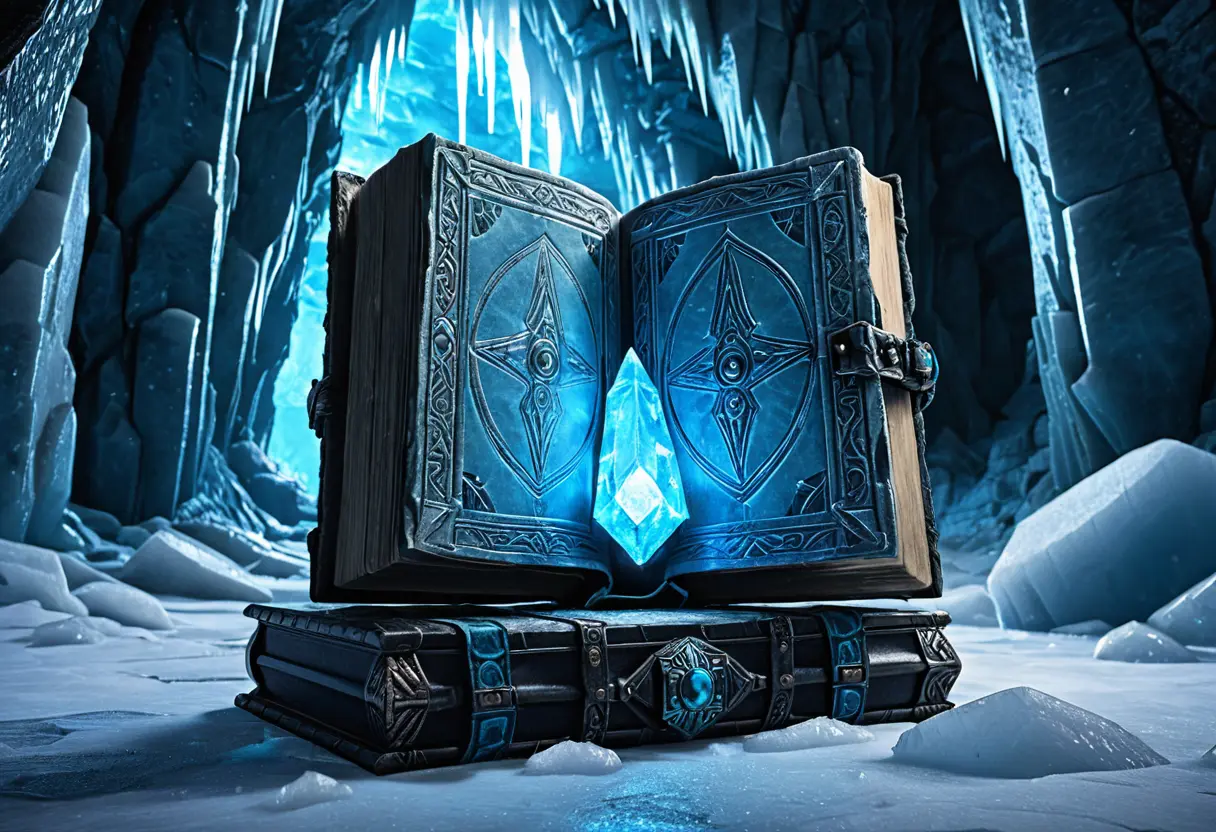 An ancient grey leather book resting in a frozen ice cavern.