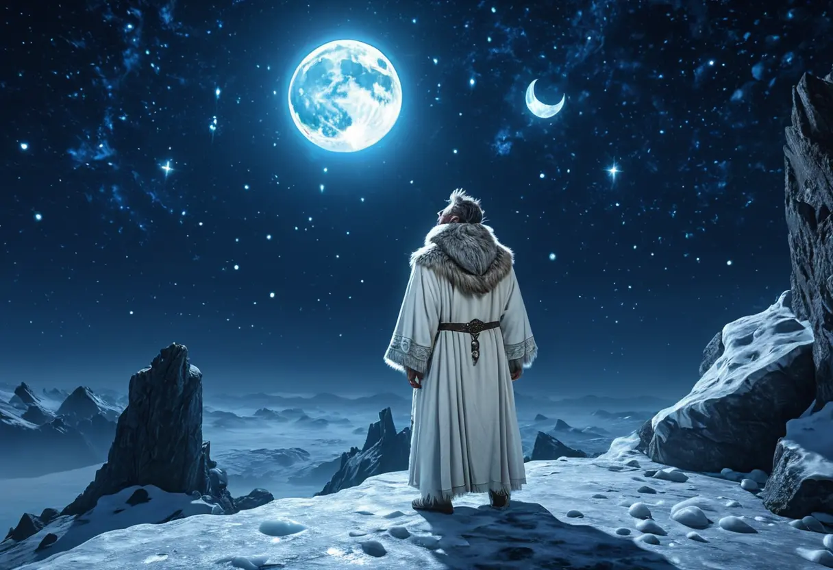 A sorcerer in white robes looking at a frozen starlit sky.