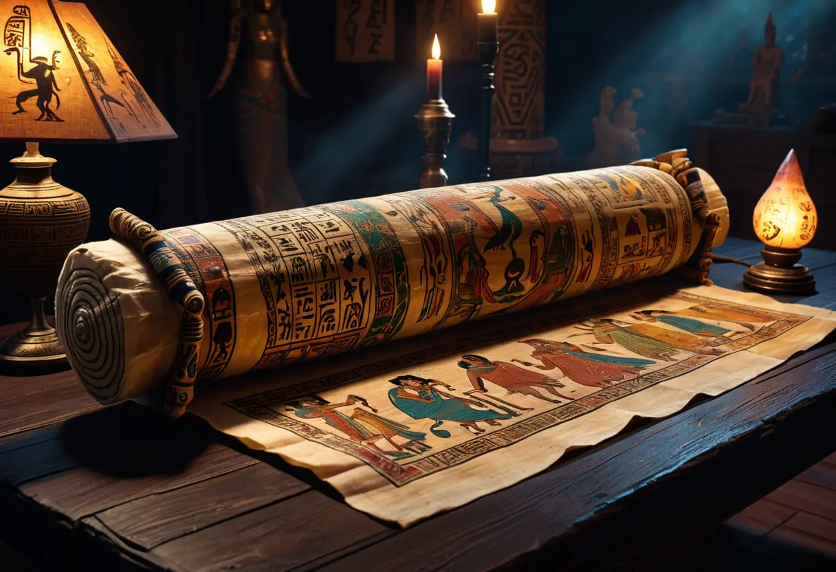 古びたパピルスの巻物の上に描かれた、死者と神々のイラスト。背後には砂漠の風が吹き、神秘的な黄金のルーン文字が浮かび上がっている