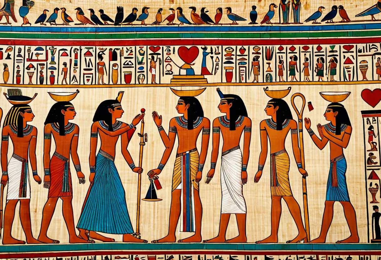 A detailed view of an Egyptian papyrus scroll with hieroglyphs.