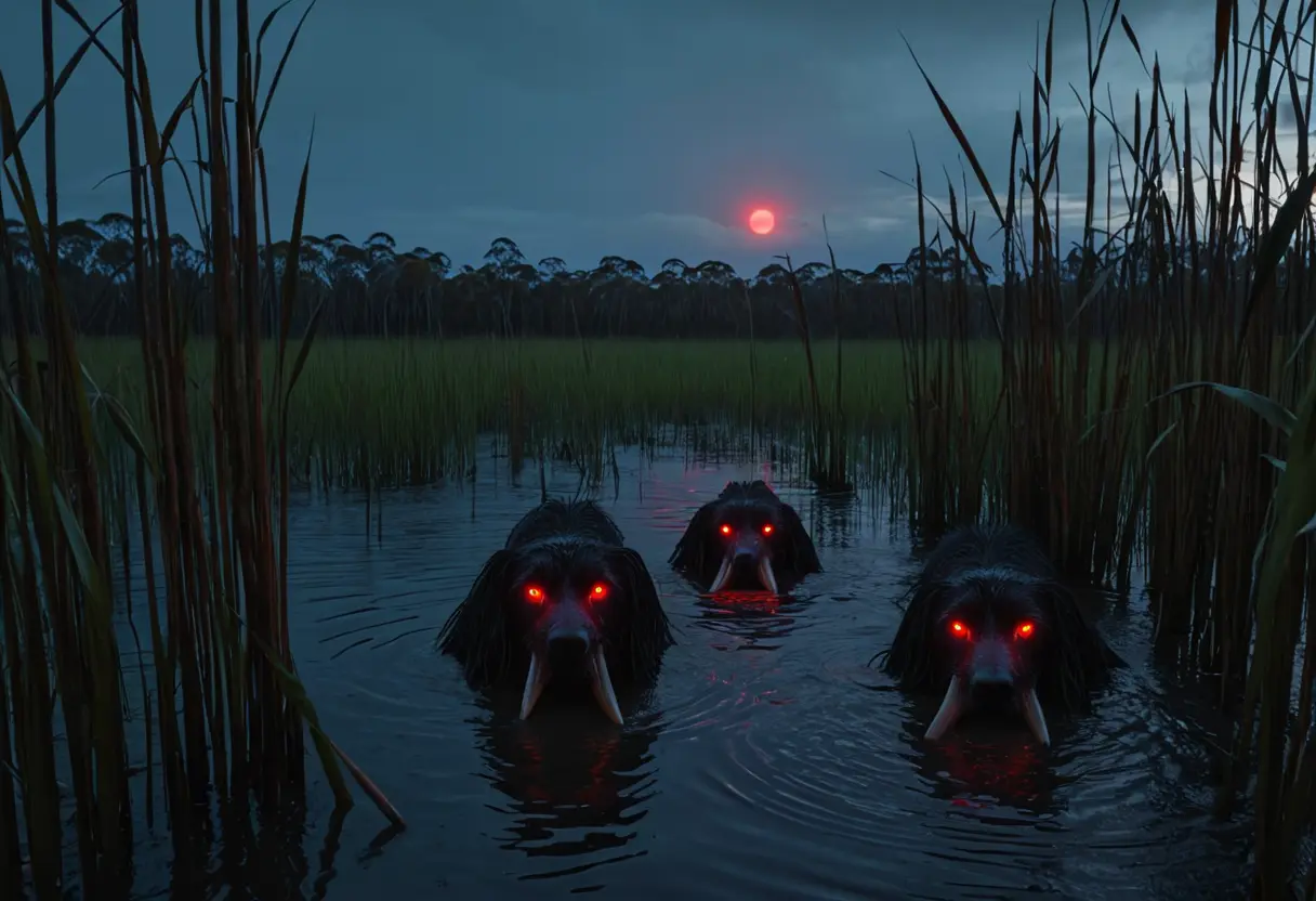 霧の立ち込めるオーストラリアの沼地（ビラボング）。水面から不気味な黒い頭部と、鋭い牙が見え隠れしている。不気味な赤い目が光っている。