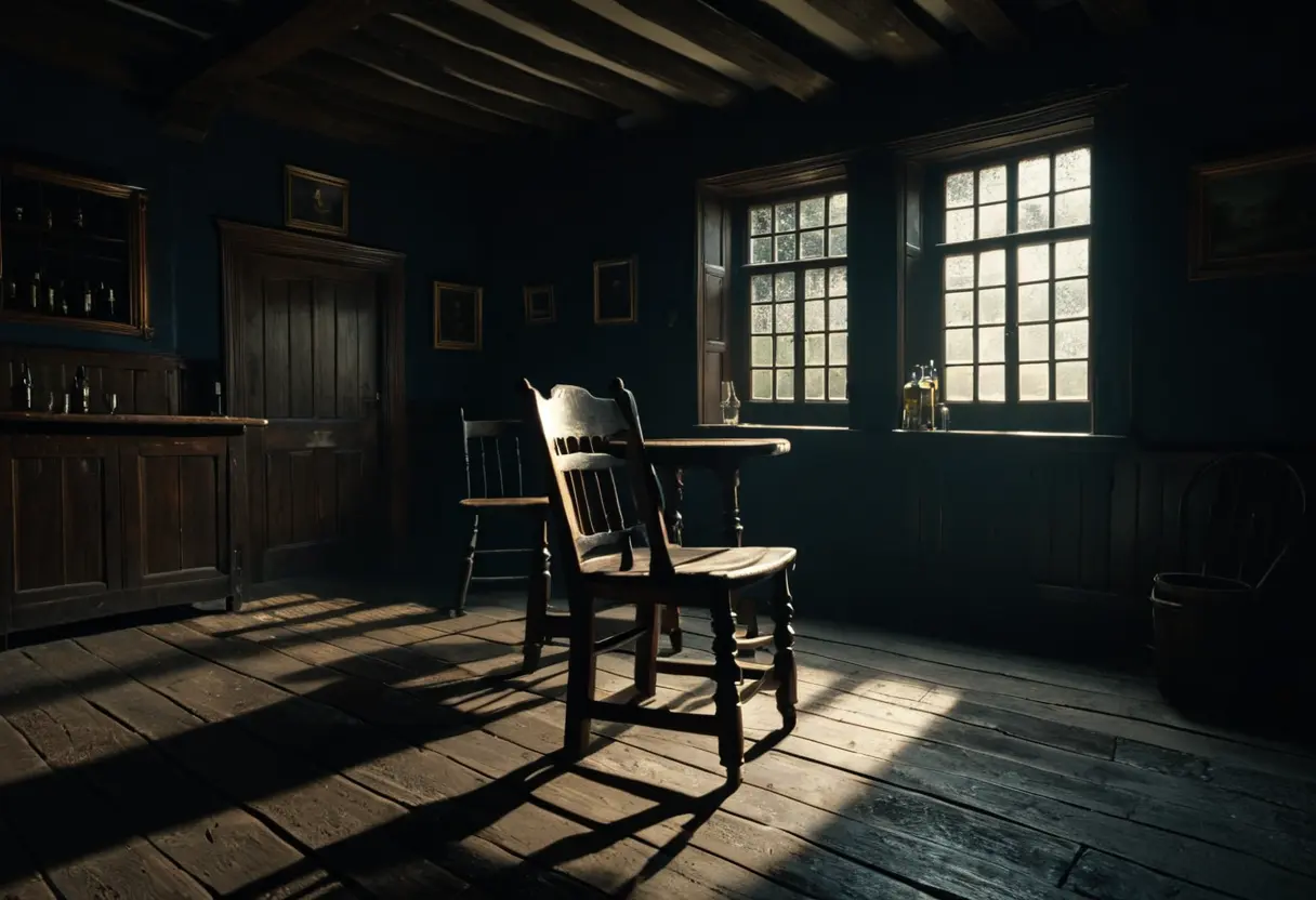 An old oak chair in a dimly lit pub.