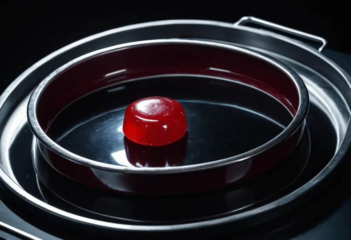 A small red candy sitting on a cold metal tray.