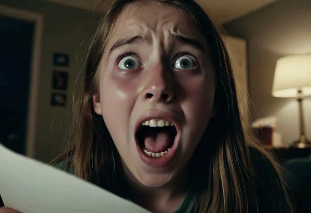 A blurred face of a teenager screaming in a dark room.