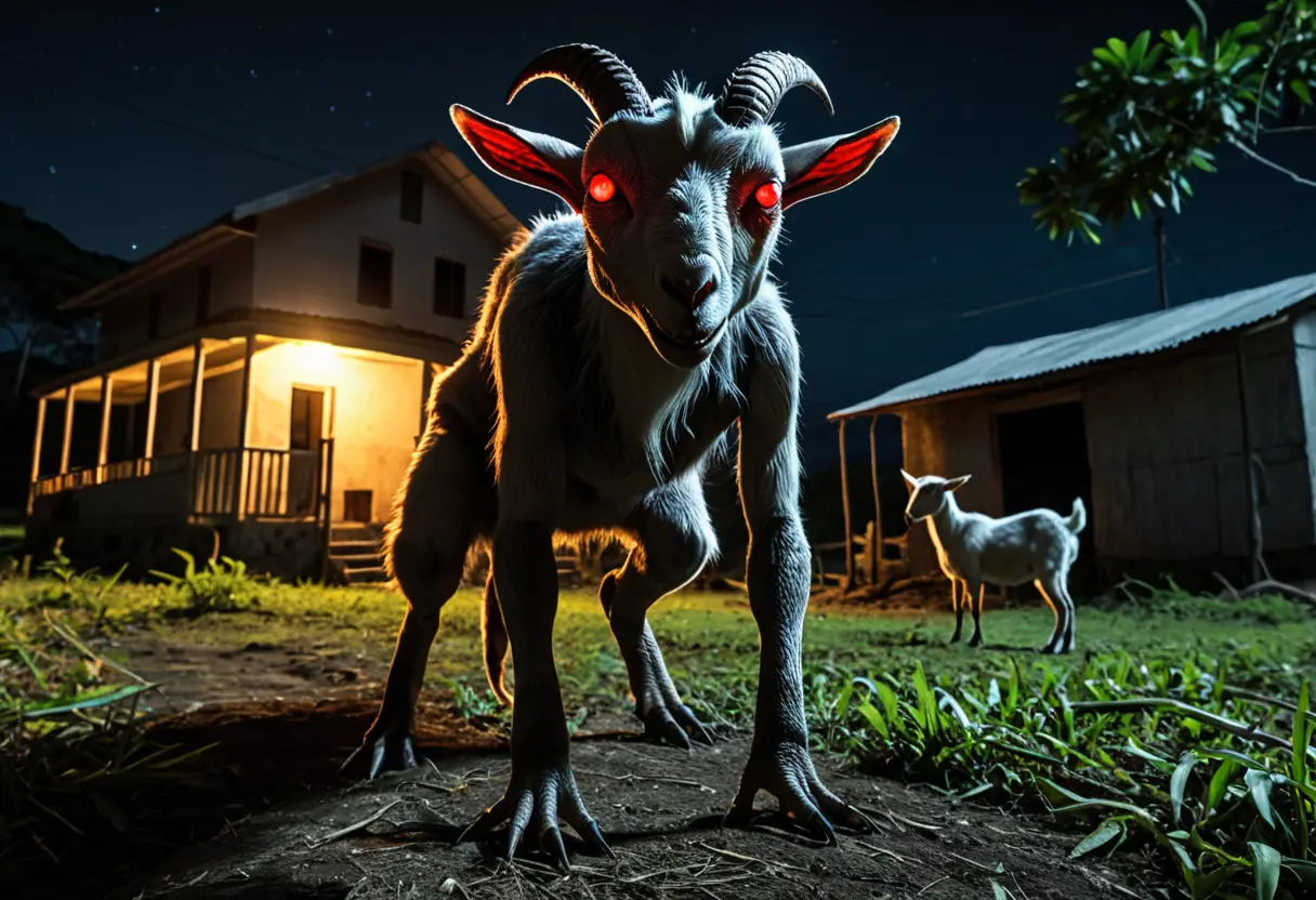 夜の農場のフェンス際にうずくまる、背中に棘の生えた爬虫類のような二足歩行の怪物。