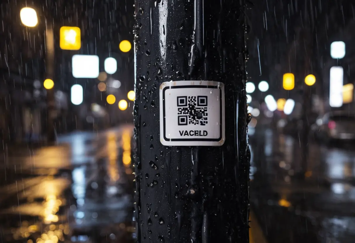 A QR code on a rainy city pole.