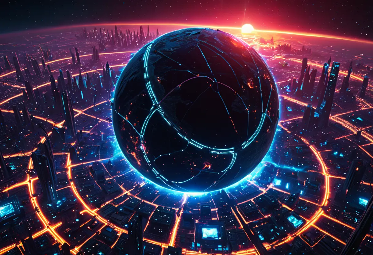 高度な都市が立ち並ぶ惑星が、自らの作り出したエネルギーや戦争によって内側から崩壊していく、宇宙から見た光景。