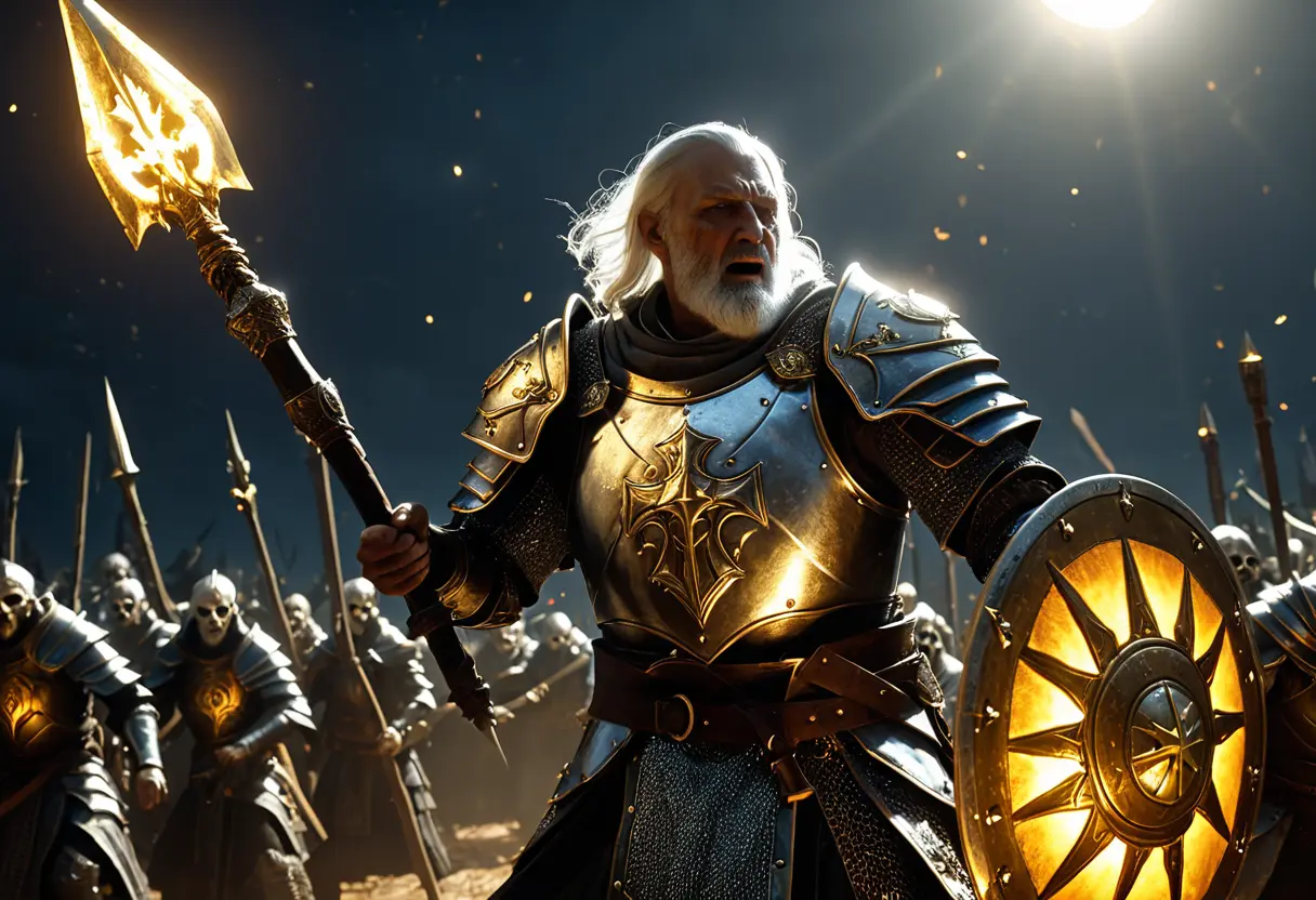 A veteran cleric in silver-engraved plate armor holding a glowing mace.