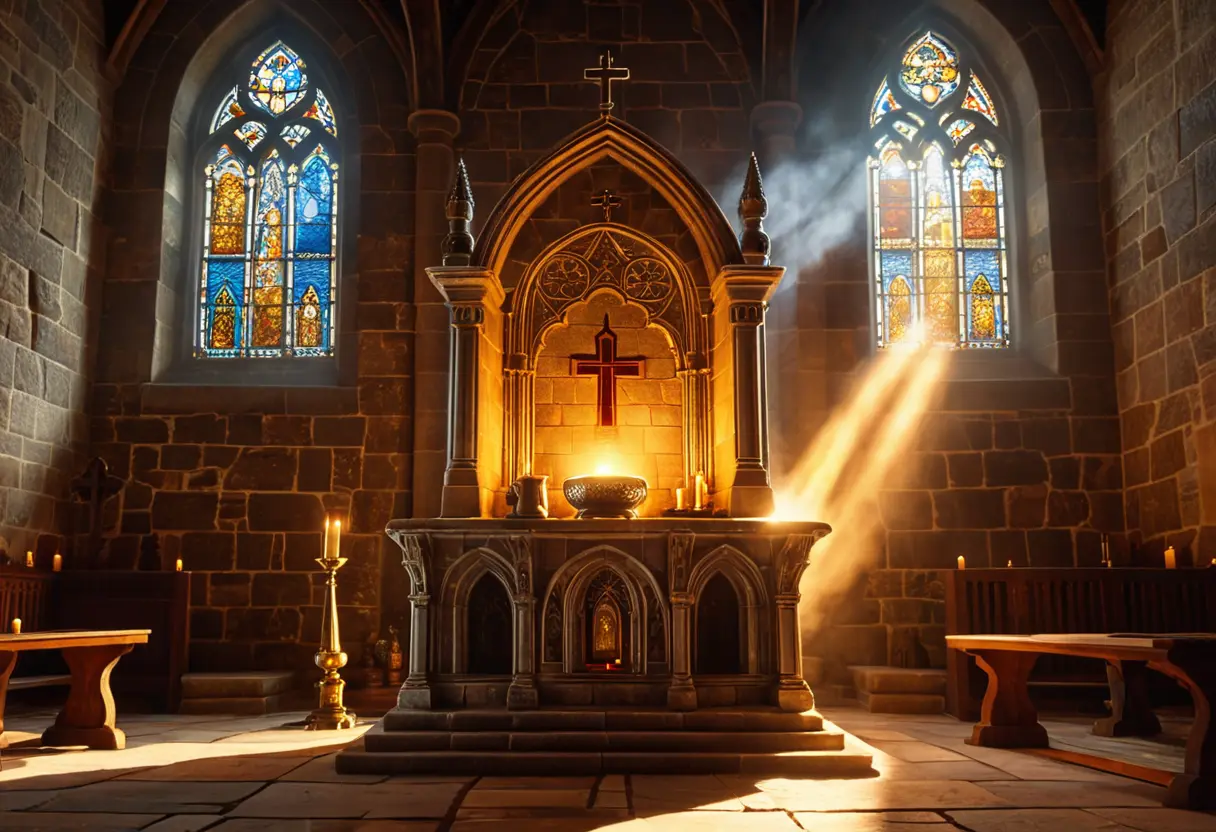 A stone chapel at night with golden light streaming through stained glass.