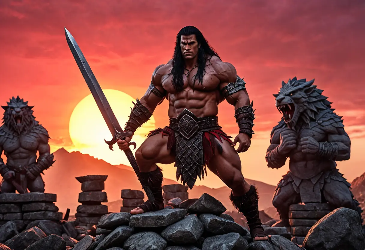 A muscular barbarian atop a pile of monsters.