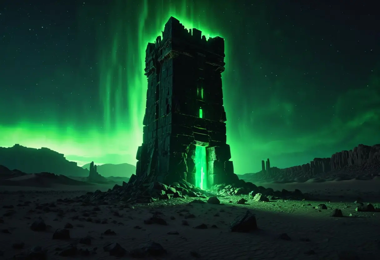 An ancient obsidian tower glowing with green light.