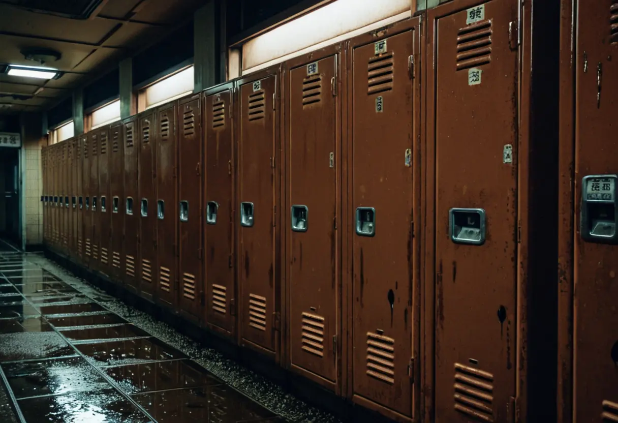 Rusty coin lockers in a dark station corridor.