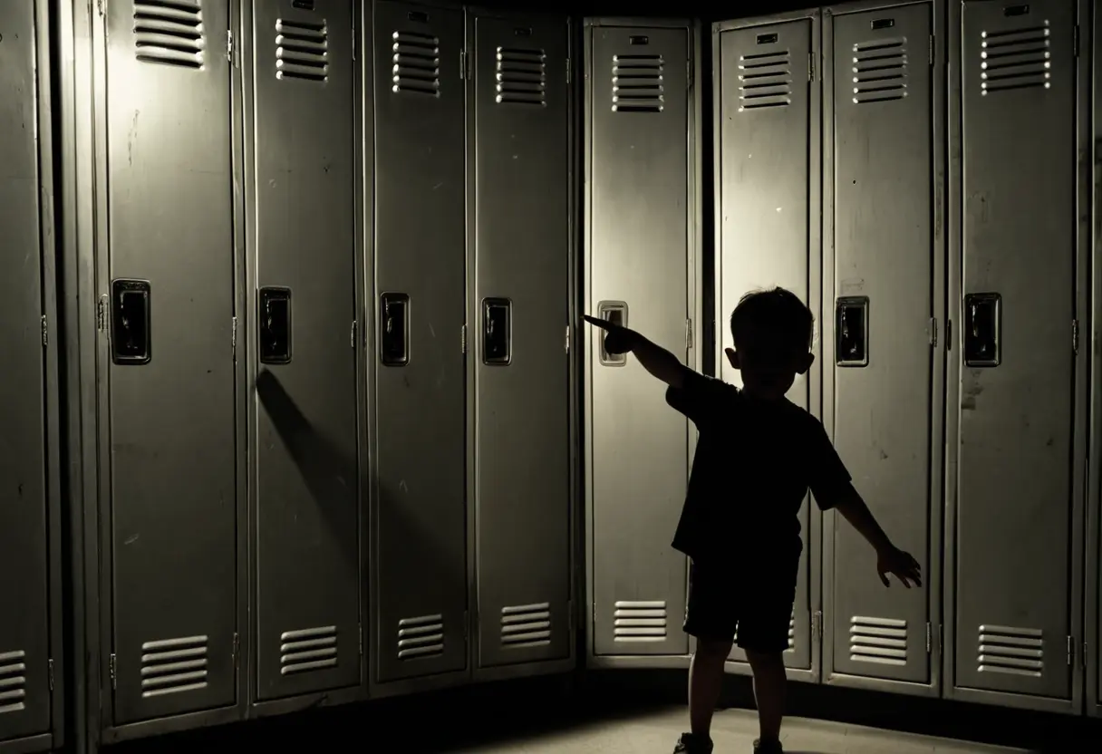 A small child&rsquo;s shadow pointing at a viewer in front of lockers.