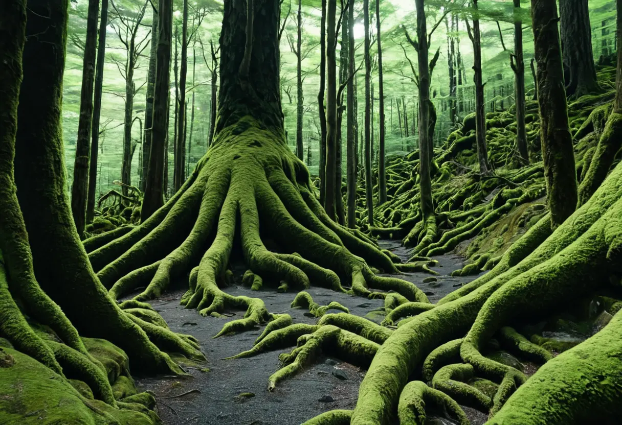 A dense, eerie forest with tangled roots and moss.