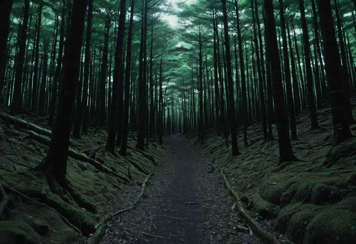 A person’s POV of a pathless, dark forest.
