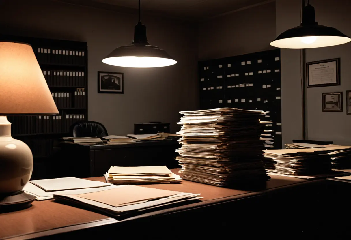 1960年代の古めかしい事務所。山積みの書類の中に「ロズウェル」や「ブルーブック」の文字が見える。