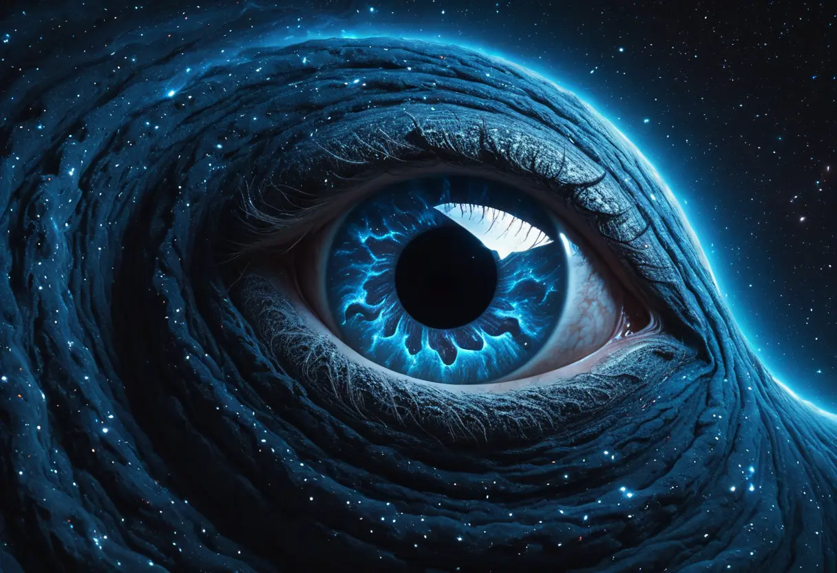 銀河の渦の中に、まるで巨大な「瞳」があるかのように見える宇宙の光景。その瞳は無感情に地球を見つめている。