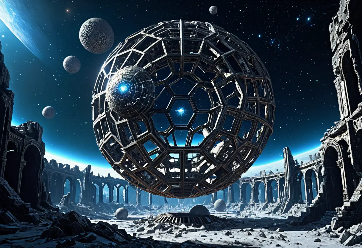 恒星を囲うように作られた巨大な機械の残骸が、宇宙空間にバラバラに漂っている。主を失った文明の墓標。